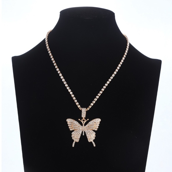 Hip Hop Gold Tone Rhinestone Butterfly Necklace - Picture 2 of 4